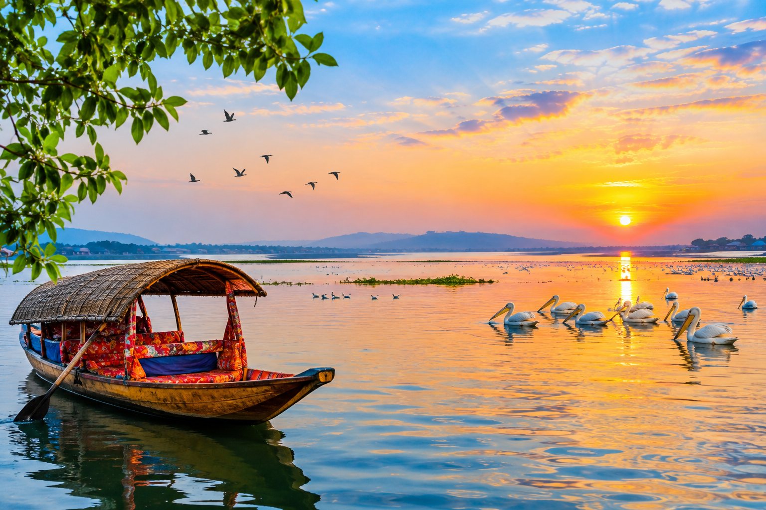 Traditional boat and pelicans on Chilika Lake at sunrise