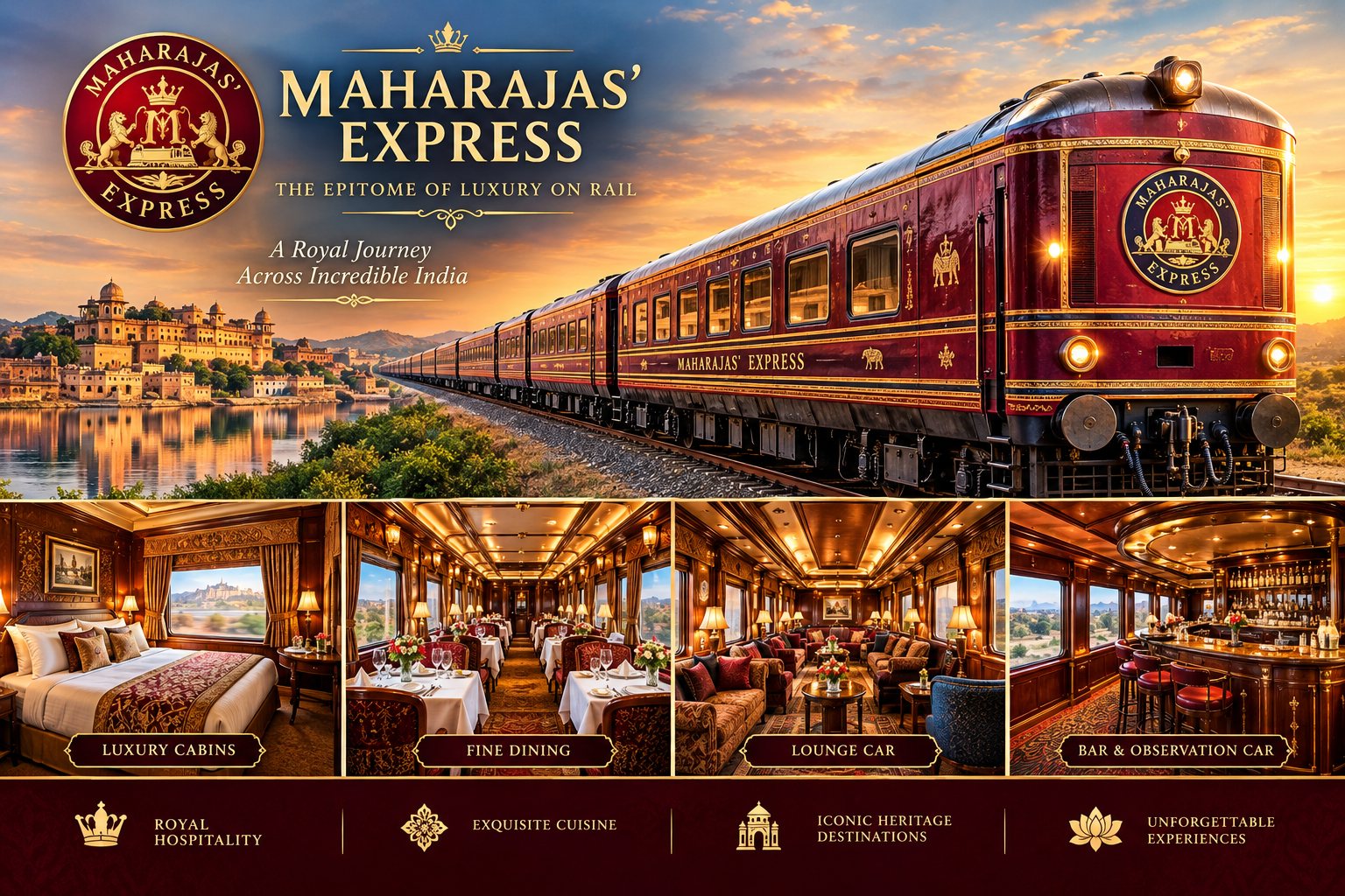 Maharajas&rsquo; Express luxury train with its cabins, dining car, lounge and bar