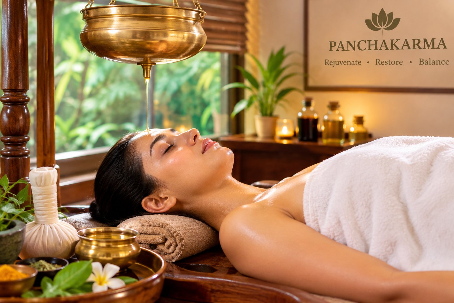 Shirodhara oil treatment at an Ayurveda Panchakarma retreat