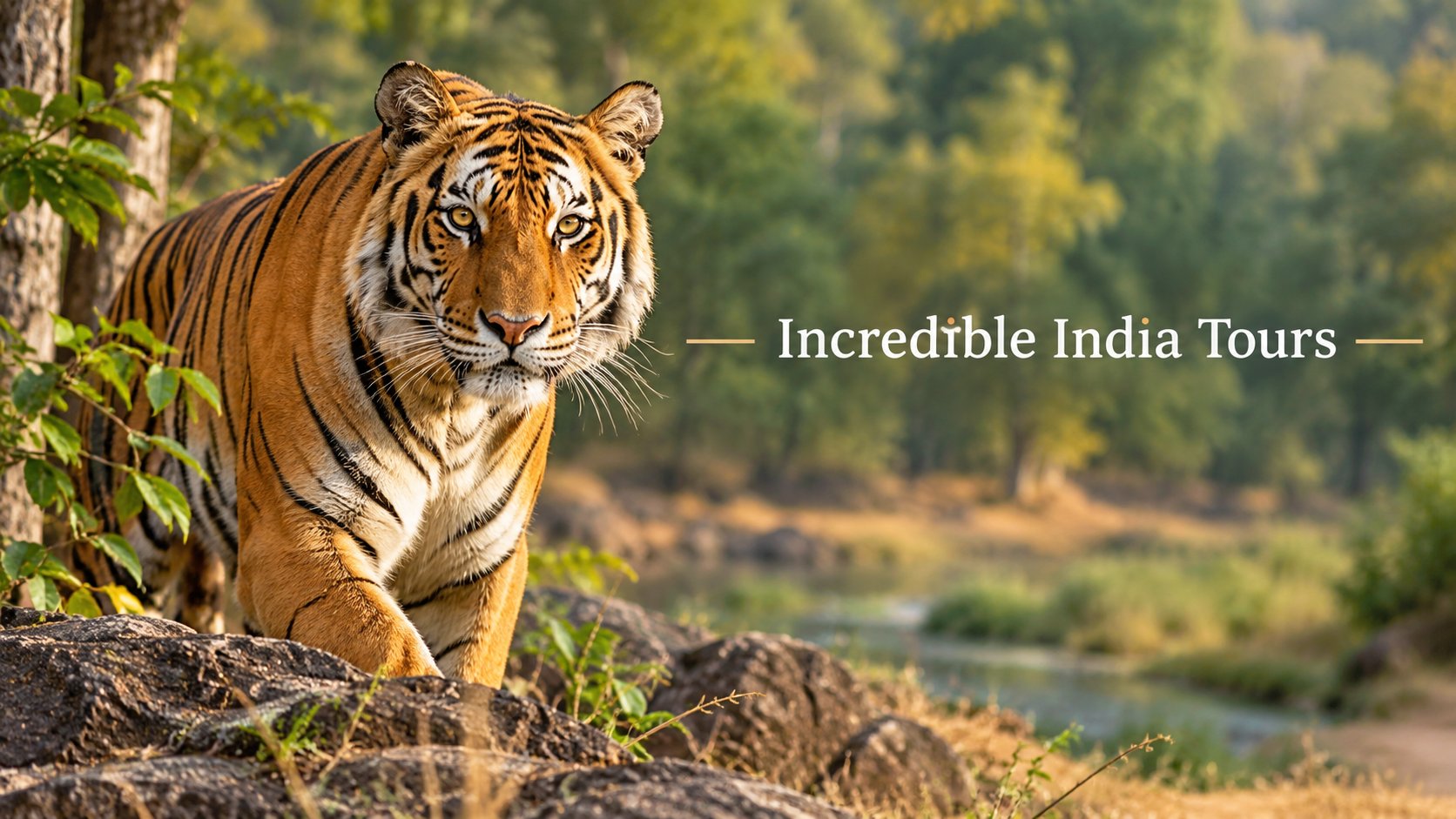 Incredible India Tours — a Bengal tiger walking through the forest.