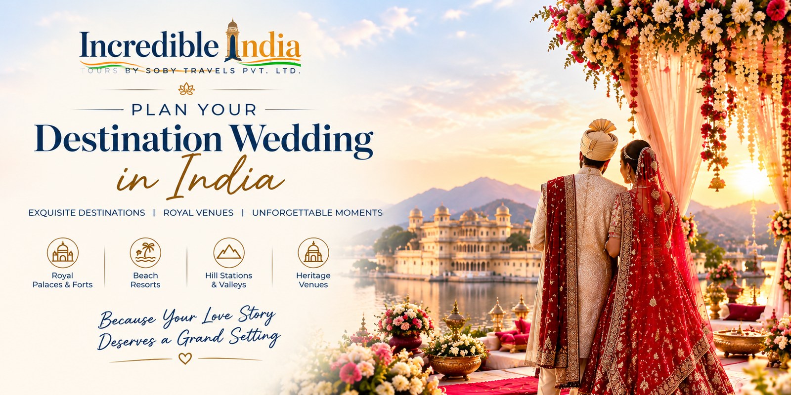 Plan your destination wedding in India: a couple in wedding attire under a floral mandap overlooking a lake palace at sunset